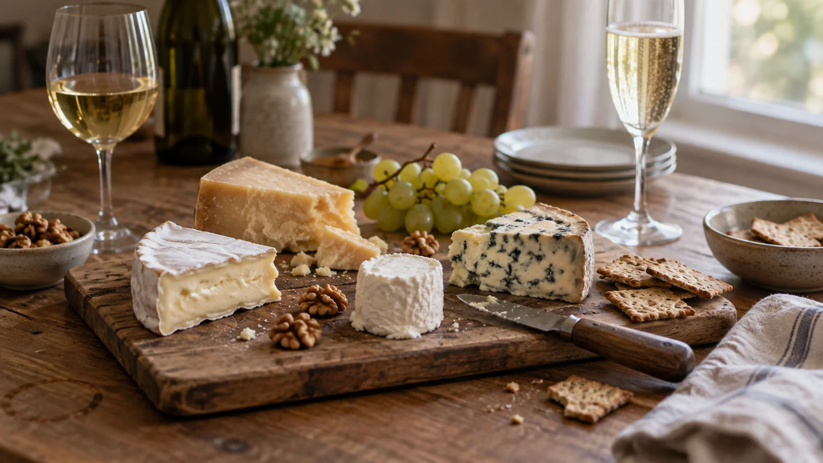 A wooden board with brie, aged hard cheese, fresh goat cheese and blue cheese, beside a glass of white wine and a glass of sparkling wine.