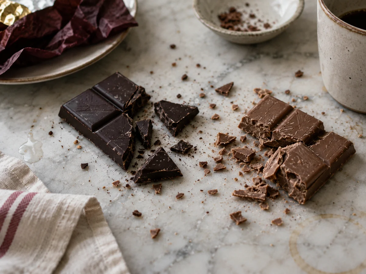 A broken bar of dark chocolate beside a broken bar of milk chocolate on a marble surface, with crumbs scattered around