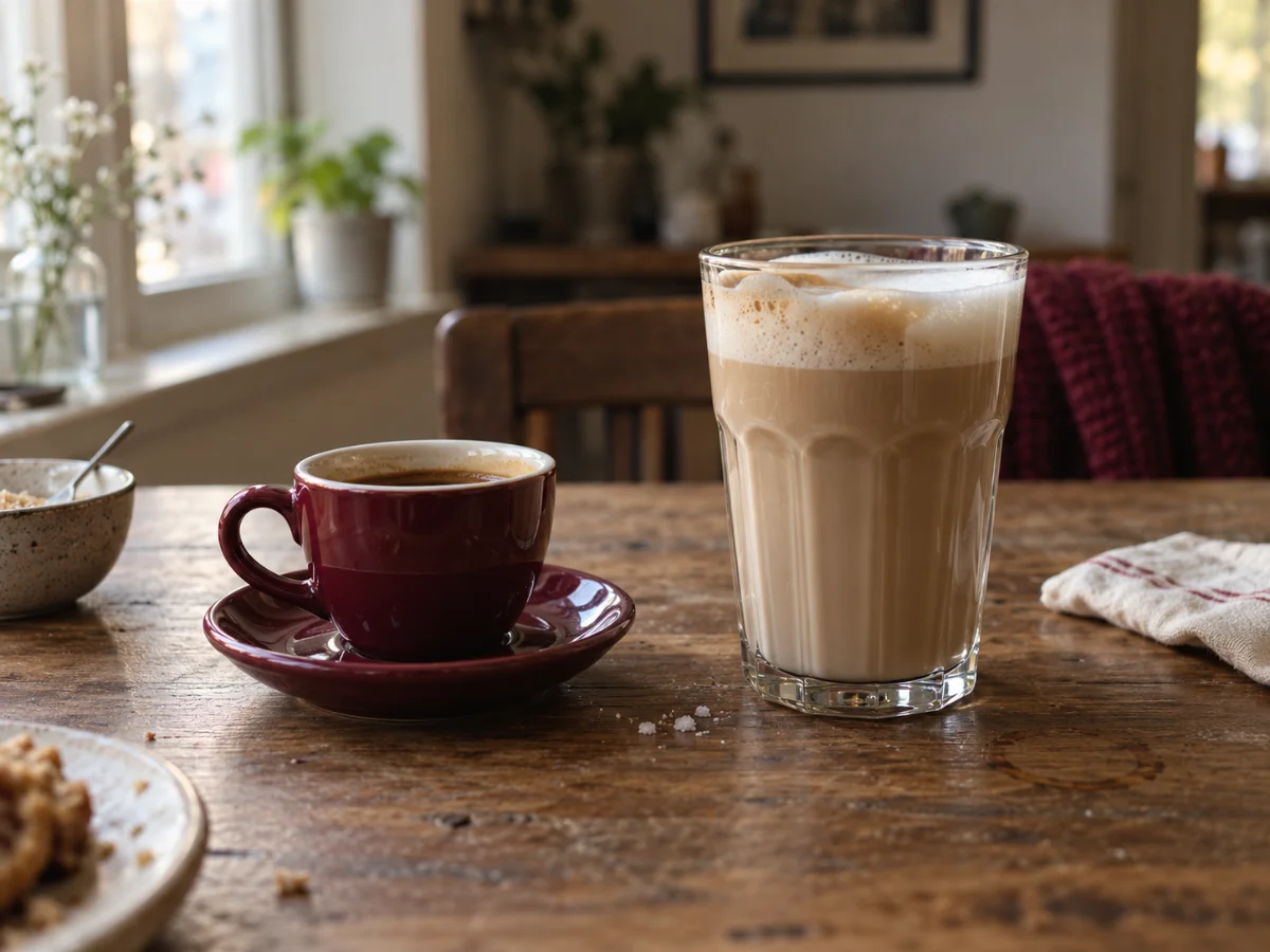 A small cup of black espresso beside a tall glass of milky latte on a wooden table