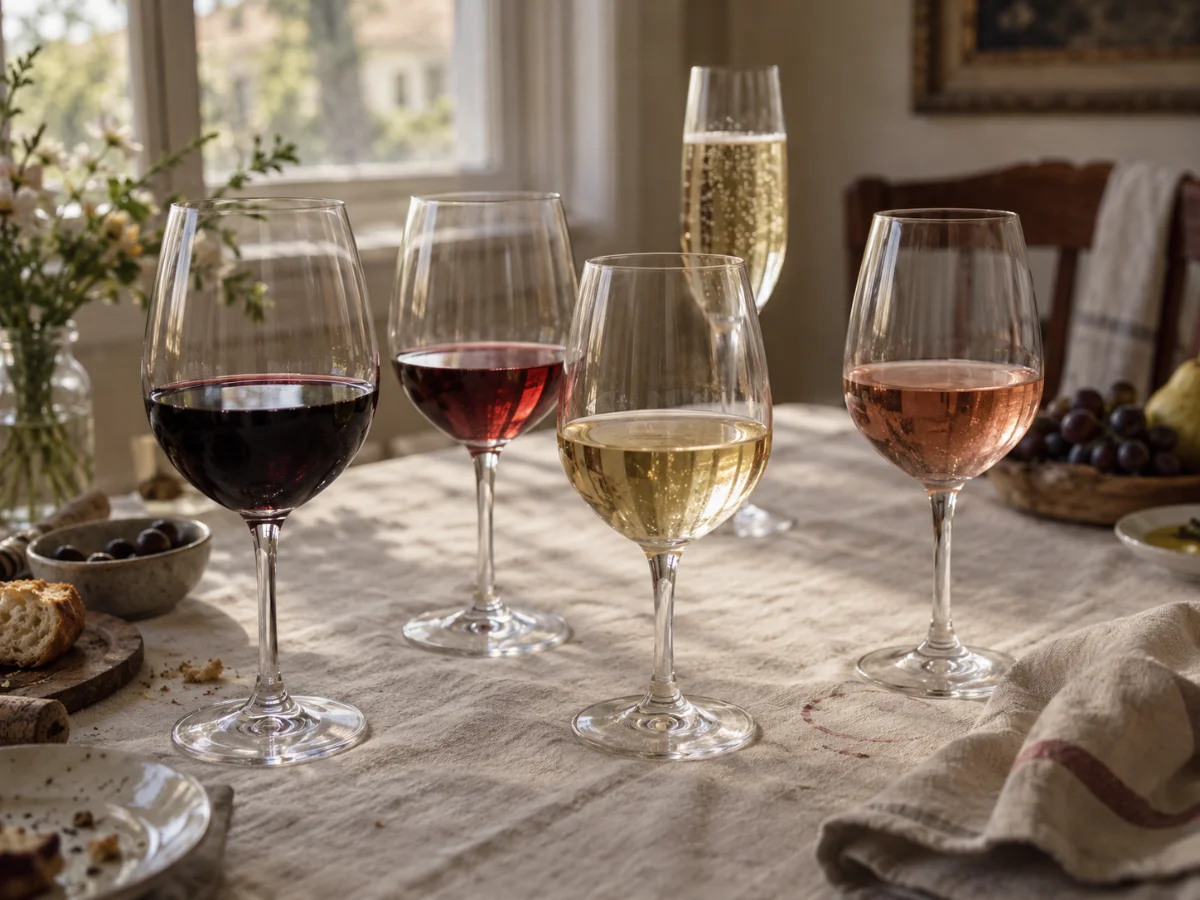 Five wine glasses on a linen tablecloth holding dark red, light red, white, rose and sparkling wine