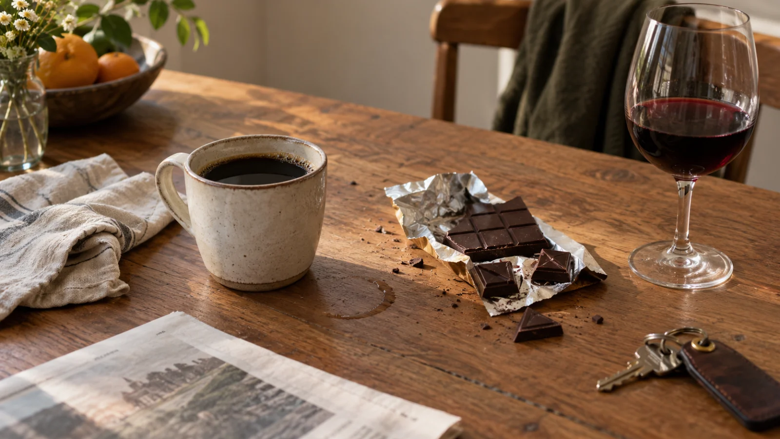 A cup of black coffee, a broken bar of dark chocolate and a glass of red wine on a wooden kitchen table