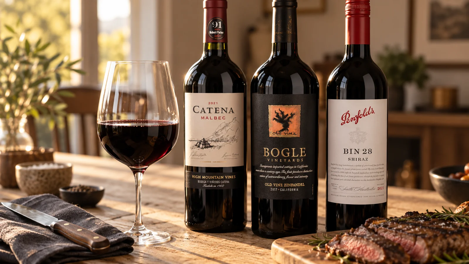 Bottles of Catena Malbec, Bogle Old Vine Zinfandel and Penfolds Bin 28 Shiraz on a wooden table beside a glass of dark red wine, a steak knife and a sliced steak