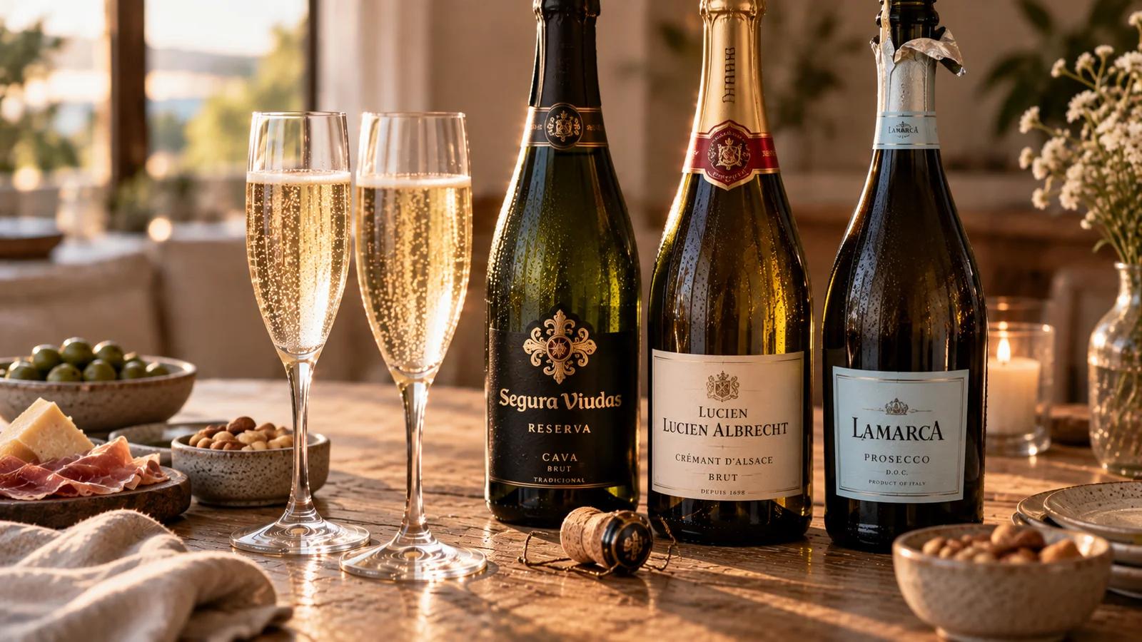 Two flutes of sparkling wine with rising bubbles beside bottles of Segura Viudas Cava, Lucien Albrecht Cremant d Alsace and La Marca Prosecco