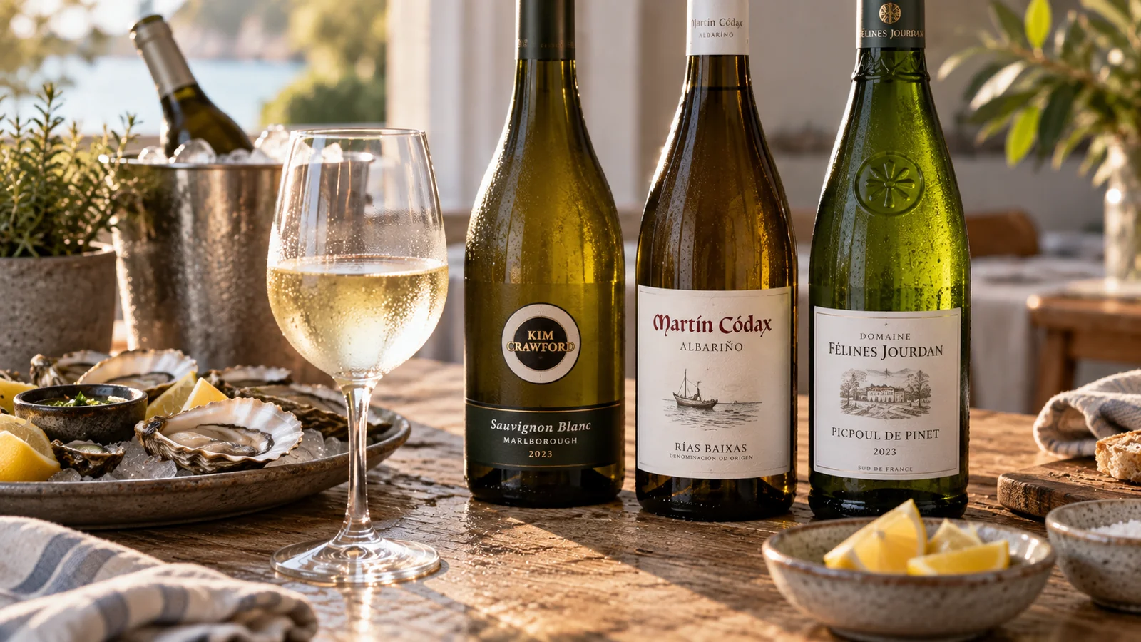 A chilled glass of white wine beside bottles of Kim Crawford Sauvignon Blanc, Martin Codax Albarino and Domaine Felines Jourdan Picpoul de Pinet, with oysters and lemon
