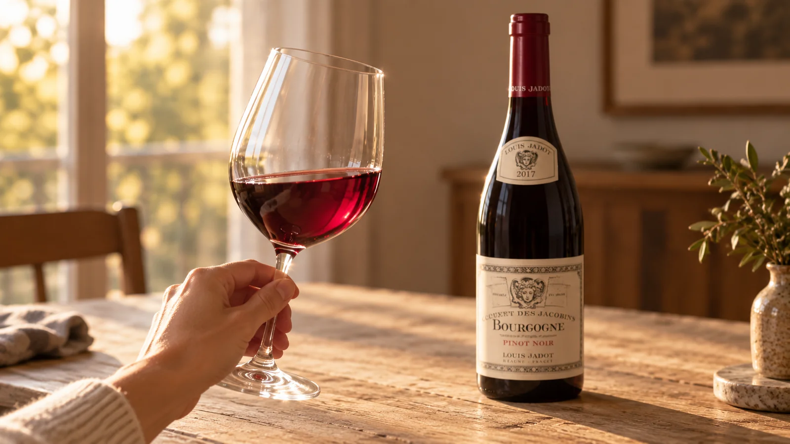 A hand holding a glass of pale red wine in window light next to a bottle of Louis Jadot Bourgogne Pinot Noir on a bare wooden table