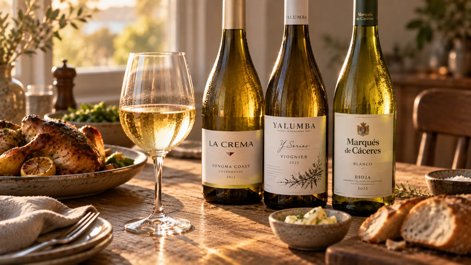 A glass of golden white wine beside bottles of La Crema Chardonnay, Yalumba Y Series Viognier and Marques de Caceres Rioja Blanco, with roast chicken and bread