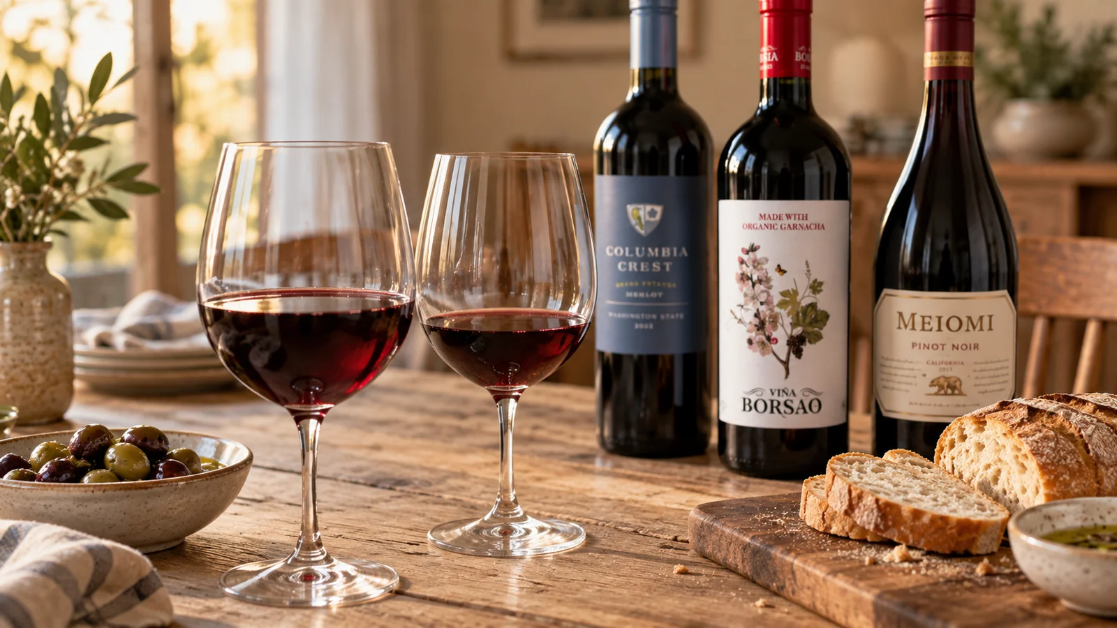 Two glasses of red wine on a wooden table with bottles of Columbia Crest Merlot, Vina Borsao Garnacha and Meiomi Pinot Noir behind, plus olives and sliced bread
