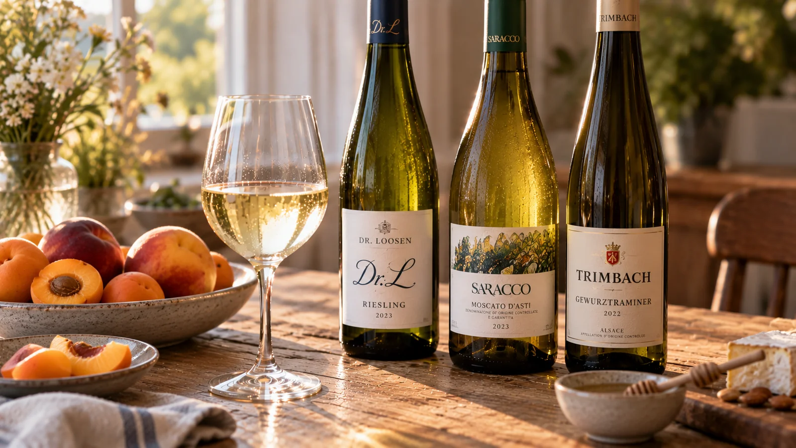 A glass of off dry white wine beside bottles of Dr. Loosen Riesling, Saracco Moscato d Asti and Trimbach Gewurztraminer, with a bowl of peaches and apricots